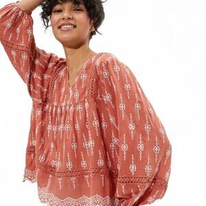 American Eagle Peasant Top Eyelet Embroidered Orange Boho Festival Womens Small
